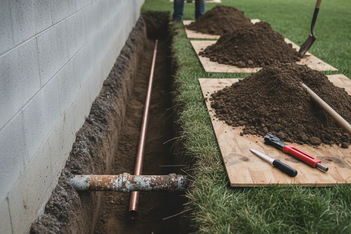 Excavated water line trench during Water Softener Installation in Media
